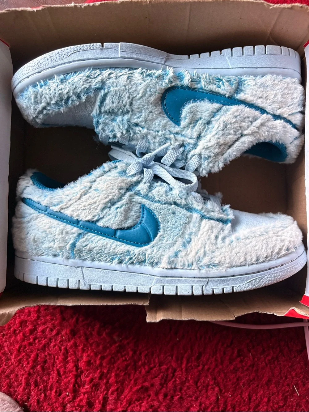 Nike Kids Fuzzy Light Blue Sneakers with Teal Swoosh